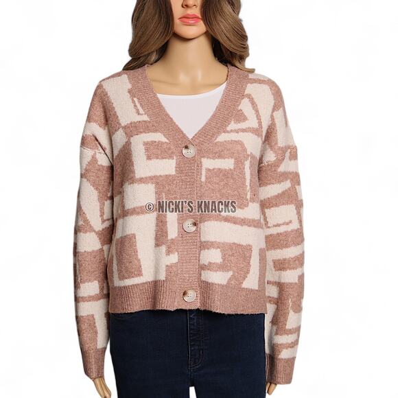 Debut Geometric Tan Cream Cropped Button Front Knit Sweater Cardigan Size M - Picture 2 of 11